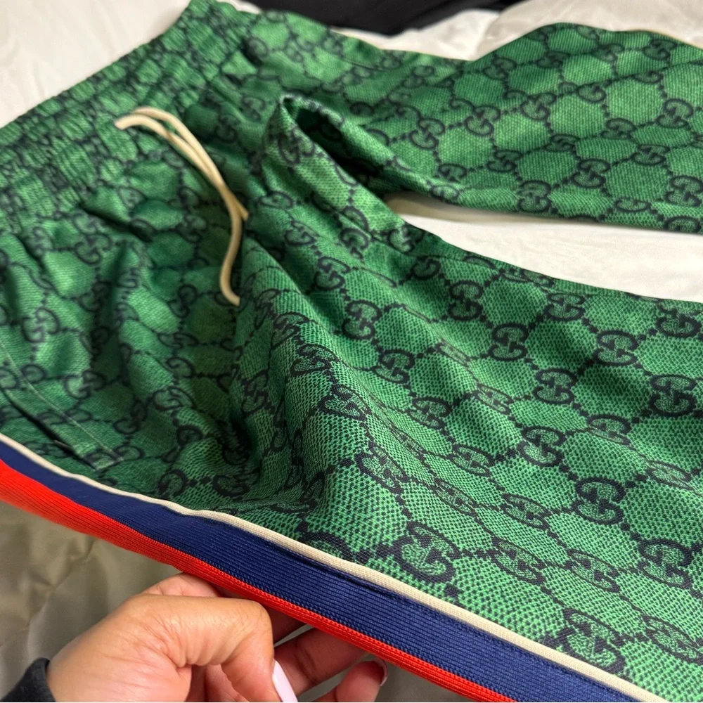 GUCCI - Webbing-Trimmed Monogrammed Tech-Jersey Track Pants - Green 2X - Picture 4 of 13
